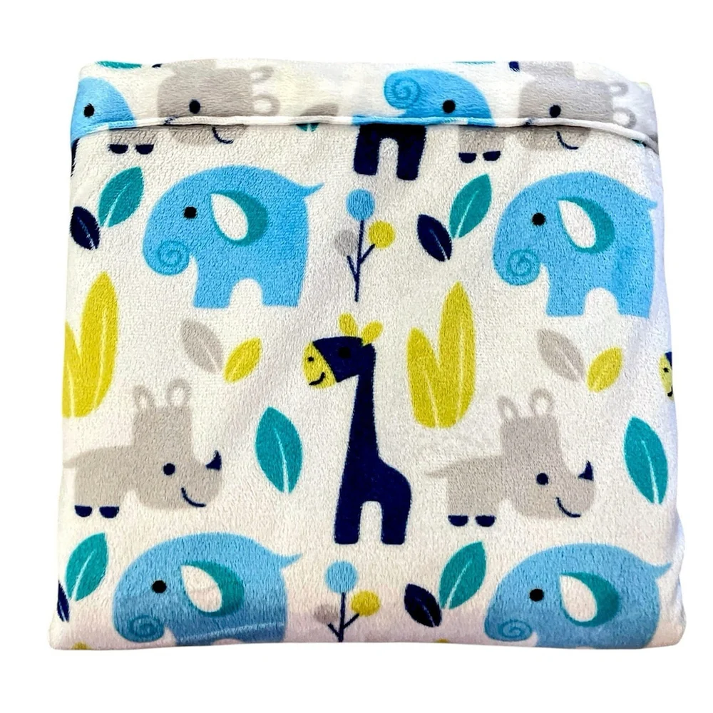 S L Home Fashions Baby Blanket Giraffe Elephant Rhino Blue Green Gray